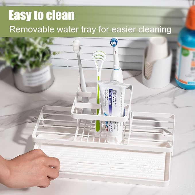 Toothbrush Holders Toothpaste Organizer Bathroom Accessories, White | Carbon Steel, 5 Slots, Removable Drip Tray, Easy to Clean, Electric Toothbrush Storage, for Countertop, Shower, Sink