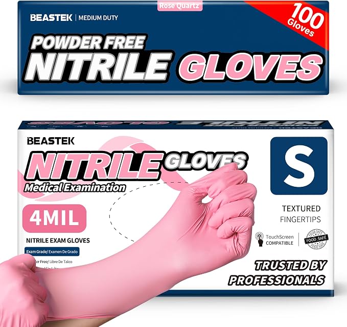 Medical Nitrile Exam Gloves Disposable Powder-Free, 4 Mil 100 Count | Super Soft •Powder-Free •Latex-Free •Examination •Cooking •Cleaning •Food Prep •Esthetician •100 Ct • Rose Quartz