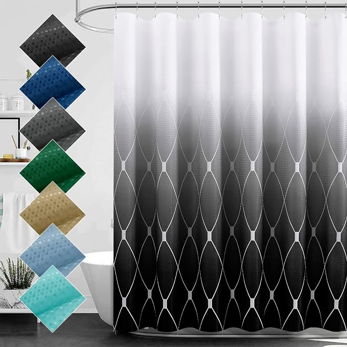 Long Black Shower Curtain, Ombre Geometric Design and Polyester Fabric Shower Curtains for Bathroom, Waffle Textured Heavy Duty Cloth Bath Curtain 72x78 Inch