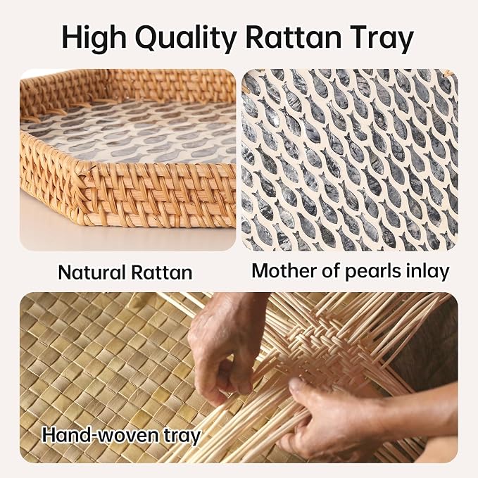 Hexagon Rattan Tray with Mother of Pearl Inlay, Rattan Serving Tray for Coffee, Bread, Fruits, Snacks, Decorative Wicker Tray for Table Decor, Home Decor (Black Fish, 14.5"×12.8")