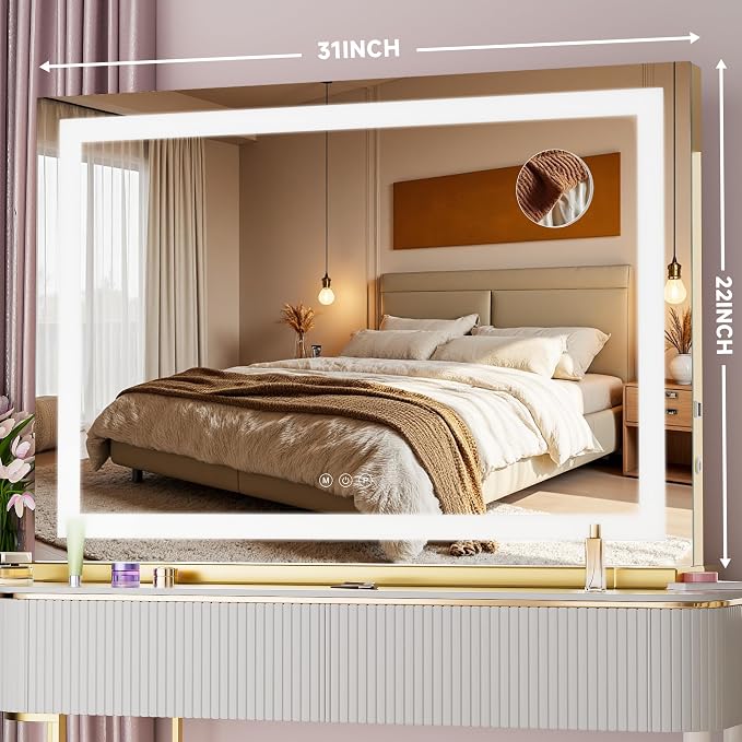 Vanity Mirror with Lights, 32" x 22" LED Makeup Mirror with 10X Magnification, Dimmable 3 Modes, Memory Function, Smart Touch, USB Charging Port, Lighted Makeup Mirror Square Glod
