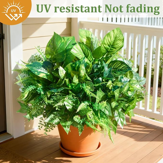 12 Bundles Artificial Plants Outdoor, UV Resistant Greenery | Large faux greenery stems for outside planters, porch, window box and patio garden decor. Maintenance free, pot not included