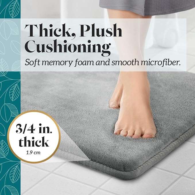 Memory Foam Bath Mat Non Slip Absorbent Super Cozy Velvet Bathroom Rug Carpet (22 inches X 36 inches, Grey)