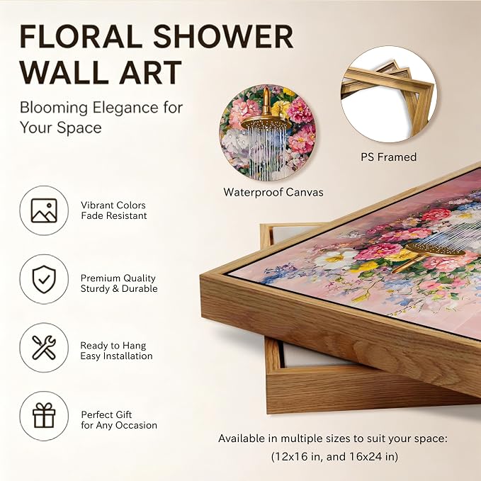 Floating Framed Floral Shower Wall Art, Pink Bathroom Flower Canvas Print, Romantic Blooming Roses Waterfall Painting, Cottagecore Botanical Wall Decor for Bathroom Bedroom Living Room 16x24 Inch