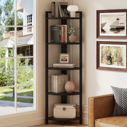 Rustic Tall Corner Shelf, 5 Tier Industrial Corner Bookshelf for Living Room, Dark Wood and Metal Corner Plant Stand for Balcony (Black)