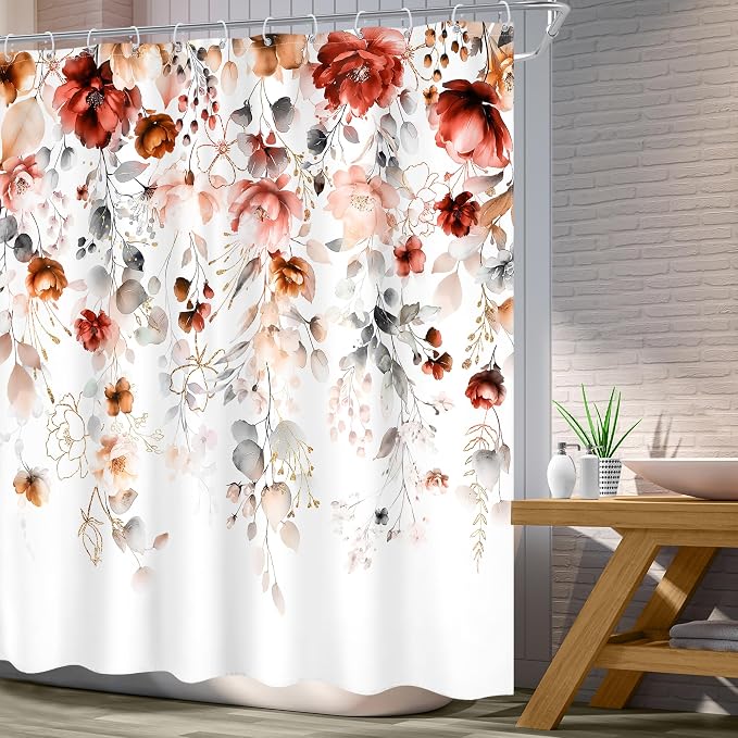 Autumn Fall Floral Red Burgundy Brown Bathroom Shower Curtain Set | 72"W x 72"L Flower Eucalyptus design with waterproof HD artwork, quick-dry fabric and hooks for easy hanging.