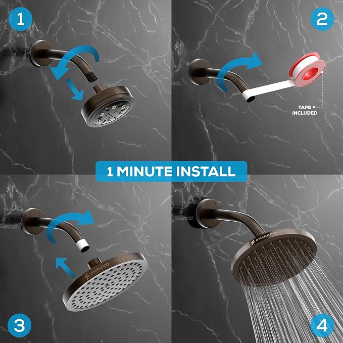SparkPod Rain Shower Head, 8 Inch Round, Vintage Oil-Rubbed Bronze Finish | High Pressure Shower Heads, 90 Nozzles, Adjustable Showerhead, No Tools Needed, Universal Connection