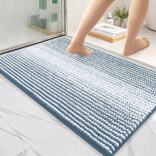 OLANLY Bathroom Rugs 36x24, Soft Chenille Striped Bath Rugs, Airy Blue | Extra Absorbent, Rubber Backing, Machine Wash Dry, Bath Mats for Bathroom Floor, Tub and Shower, Home Decor Accessories