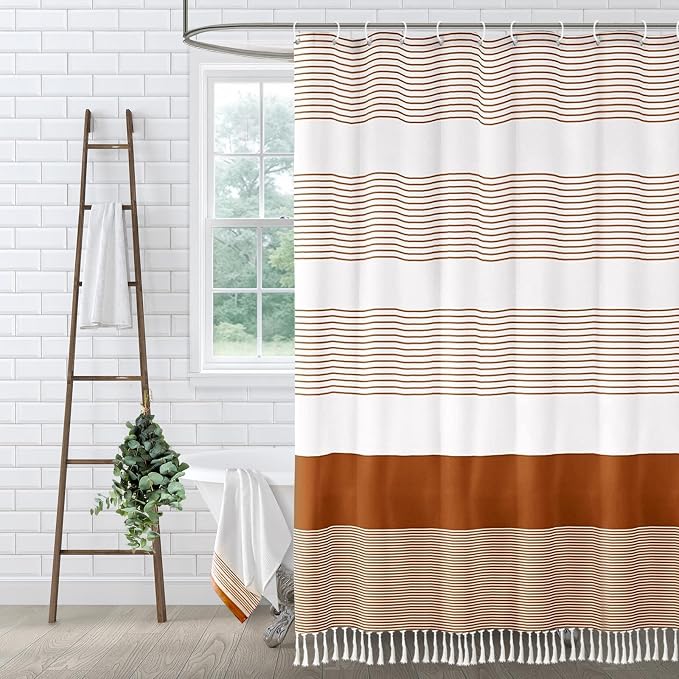Boho Orange Fall Cotton Striped Shower Curtain with Tassel 72"W X 72"L | Boho Farmhouse Shower Curtains for Bathroom with Soft Cotton Feel