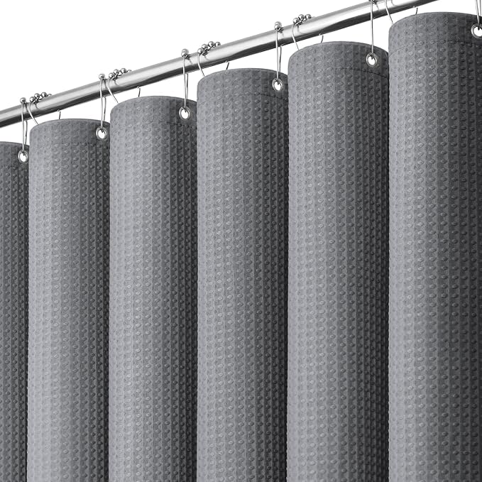 Stall Waffle Shower Curtain 256 GSM Heavy Fabric 48x72 Grey/Gray | 48 Inch Wide, Thick Polyester Cloth, Weighted Hem, Water Repellent, Washable Hotel Shower Curtain Set for Bathroom 8 Hooks