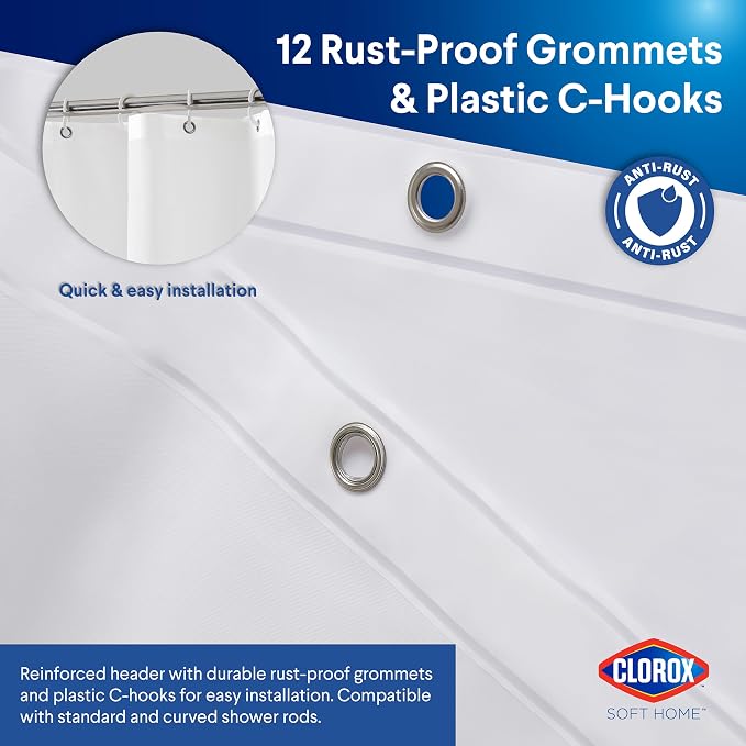 Clorox Shower Curtain Liner & Hooks, Premium Lightweight Flexible Waterproof 4g PEVA for Bathroom with Weighted Magnets, Standard Size 70" x 72", Frosty 1 Pack