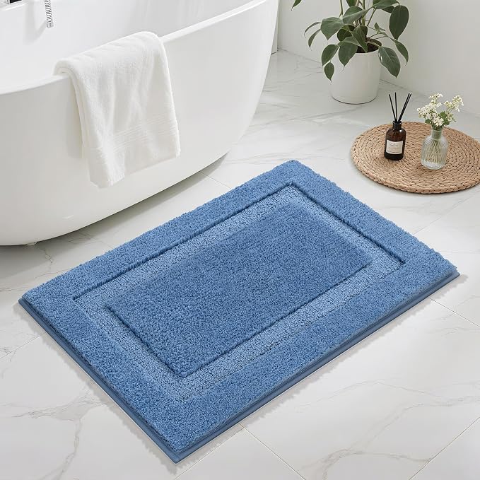 SHACOS Soft Microfiber Bathroom Rugs Set 2 Pieces with Toilet Rug | Absorbent Plush Bath Mat U Shaped Contour Bath Rug, Non Slip Washable Fluffy Bathroom Floor Mats, 32x20+24x20, Blue