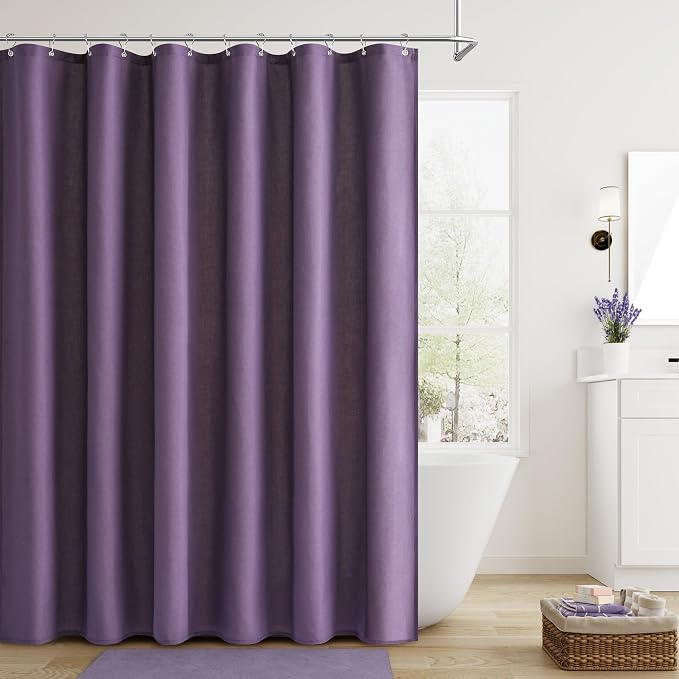 Purple Linen Shower Curtain, Country Boho Farmhouse Bath Decor Shower Curtains Neutral Cloth Weighted Textured Fabric Bath Curtain Liner with Hooks, 72x72