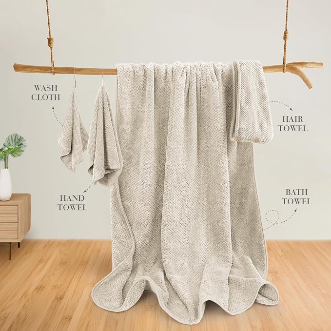 MaopaoBeauty 35X70 Inches Extra Large Bath Towels Sets of 4 for Bathroom Super Soft Quick Dry Bath Towels Hand Towels Washcloth Towels Microfiber Shower Towels for Women Daily Use (Khaki, 4 Piece)