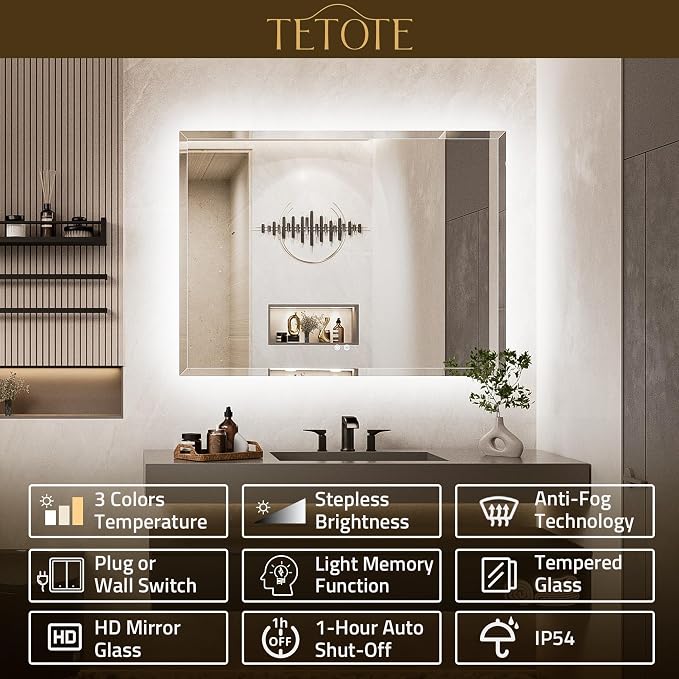 60 x 40 Oversized Backlit Mirror Bathroom, LED Vanity Mirror with Beveled Edge, Safe Tempered Glass, 3 Color Temperature, Anti-Fog, Dimmable, Memory Function, Wall-Mounted Vanity Mirrors