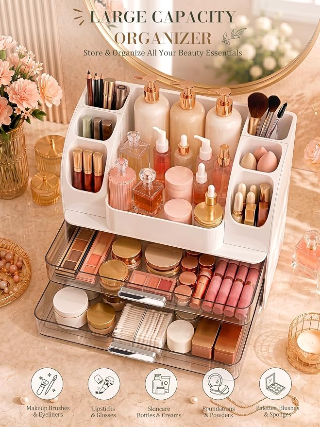 Large Makeup Organizer Countertop for Vanity Skincare Organizers | Bathroom Organizers and Storage with Brushes Holders, Waterproof Cosmetic Organizer for Perfumes Lipsticks Nail Polish, White