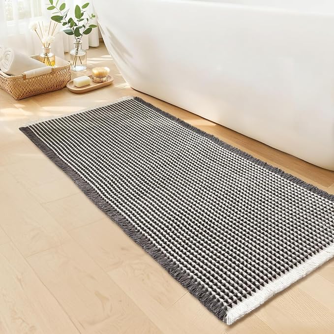 Waffle Bath Mat, Boho Bathroom Rugs Non Slip Washable, 20" x 48" | Super Absorbent Quick Dry Bath Mat, Boho Bathroom Mats, Soft Waffle Weave Farmhouse Bathroom Decor, Dark Grey and White