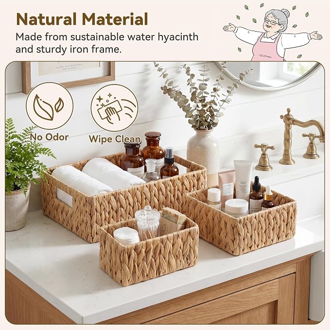 GRANNY SAYS Wicker Baskets for Shelves, Large Water Hyacinth Baskets | Small Woven Storage Baskets for Shelf, Rattan Basket for Organizing, Wicker Basket Set, 3-Pack Small Baskets