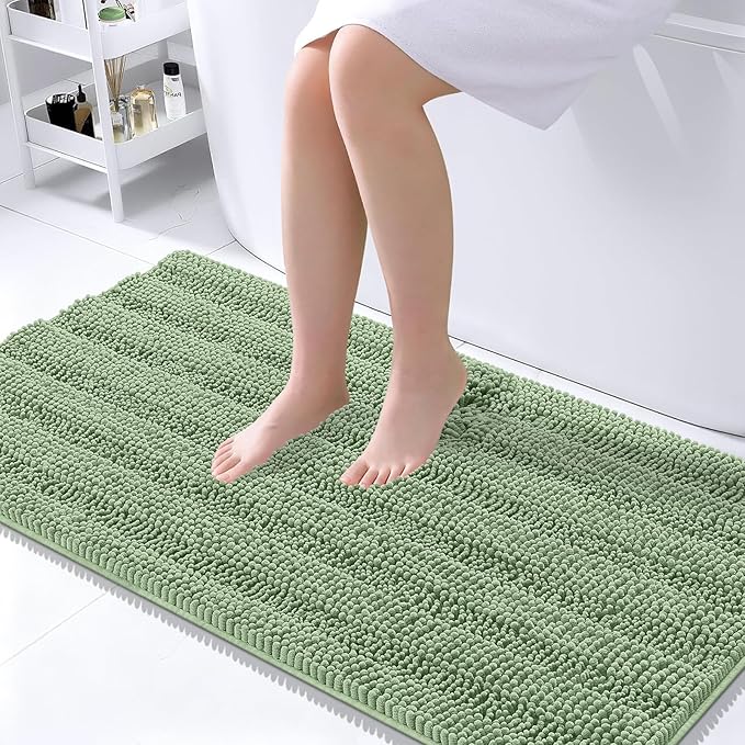 OLANLY Thick Large Bathroom Rugs 45x27, Chenille Bath Rugs, Sage Green | Absorbent Striped, Rubber Backing, Machine Wash Dry, Bath Mats for Bathroom Floor, Tub and Shower, Home Decor Accessories