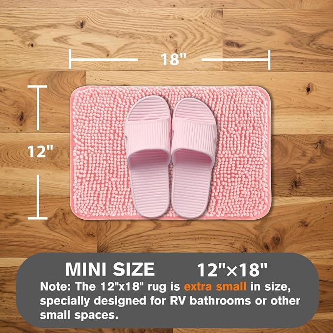 Small Bathroom Rug 12"x18" – Washable and Absorbent Bath Mat, Non Slip, Thick Soft Chenille Bath Rugs for Bathroom, Shower, Sink, Dog mat(Pink)
