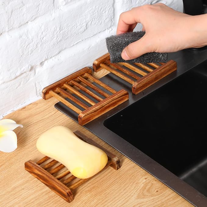 25 Pcs Bamboo Wood Soap Dish Bulk Bathroom Wooden Soap Holder Savers Self Draining Dishes Handcraft Tray, 3.3 x 3.3 x 0.67 Inch (Charcoal Color)