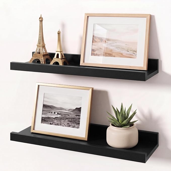 Black Picture Ledge Shelves for Wall, 4.5" Deep Wood Floating Shelves with Lip for Bedroom, Living Room, 13.7" Width, Color Black Set of 2