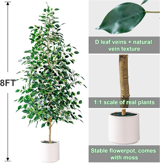 Bailikang 8FT Artificial Ficus Trees Indoor Faux Trees Indoor Fake Floor Plants Tall Artificial Tree with White Pot Faux Tree Fake Indoor Tree Silk Plants Artificial Trees for Home Decor Indoor