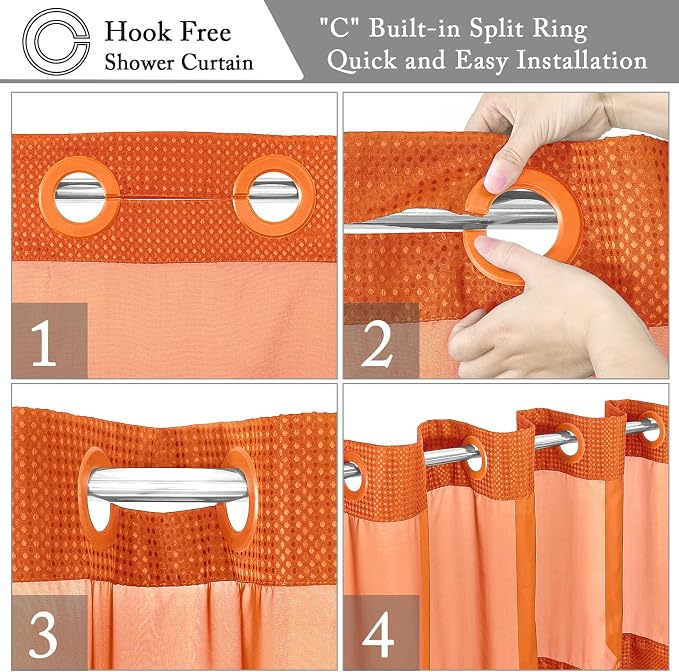 No Hook Cloth Burnt Orange Shower Curtain with Liner, 36x74 | Snap-in Fabric Liner, Hotel Style with Mesh Top Window, Waterproof Coating, Machine Washable, Rustproof Grommets