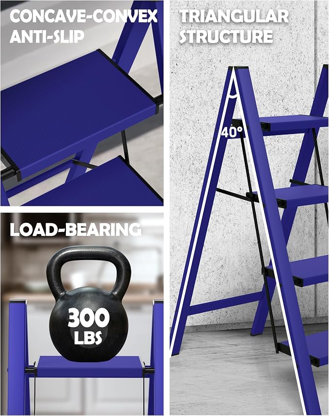 Taranta 4 Step Stool Foldable,Aluminum Step Ladder-Blue | Lightweight,Wide Anti-Slip Pedals,Folding Step Stool,330lbs Capacity Stepladder for Household,Kitchen,Office