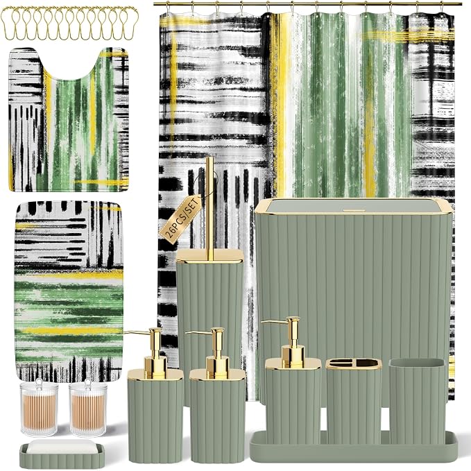 Bathroom Set - Bathroom Accessory Set, Sage Green Bathroom Set, 26PC Bathroom Sets with Shower Curtain and Rugs, Toilet Brush, Trash Can, Qtip Holder & Bathroom Soap Dispenser Set