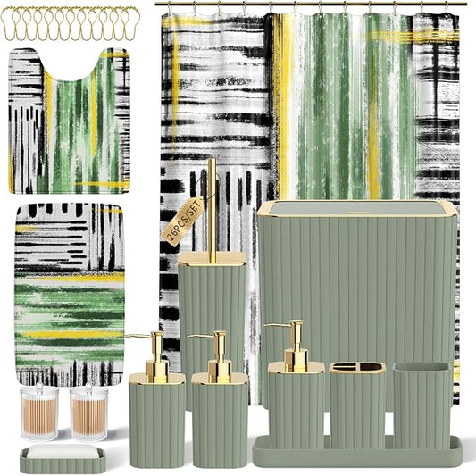 Bathroom Set - Bathroom Accessory Set, Sage Green Bathroom Set, 26PC Bathroom Sets with Shower Curtain and Rugs, Toilet Brush, Trash Can, Qtip Holder & Bathroom Soap Dispenser Set