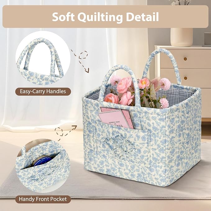 Storage Basket Boho Fabric Large Collapsible Floral Laundry Nursery Hamper Portable Folding Storage for Clothes Toys (Blue Floral B)