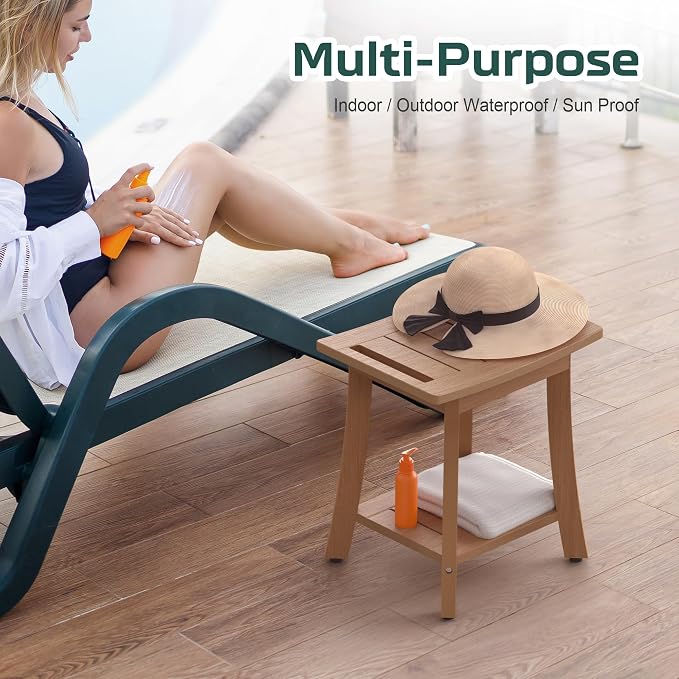 Waterproof HIPS Shower Bench for Inside Shower, Shower Stool, Brown | Ergonomic design, For seating and leg shaving, Wood-Look texture, Easy care, Storage shelf, Non-slip leveling feet, 350 lb