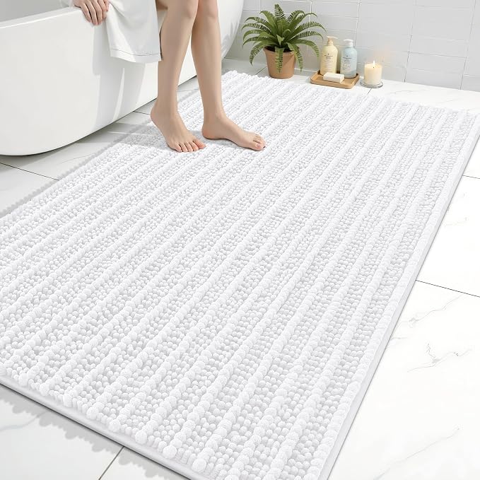 Arotive Bathroom Rugs Mat 59x35, Soft Absorbent Chenille Shaggy Bath Mat | White, Machine Wash Dry, Bath Rugs for Bathroom Floor, Tub and Shower, Home Decor Accessories