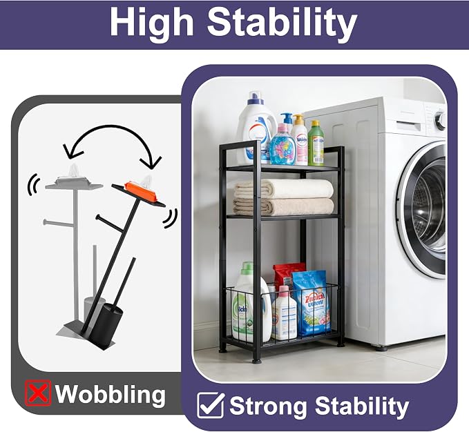 Free Standing Toilet Paper Holder with Shelf, Adjustable Feet Bathroom Toilet Paper Holder Stand for Narrow Space, Roll Dispenser Tissue Holder, Holds Multiple Rolls and Keeps Paper Dry and Clean