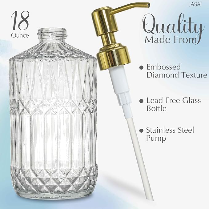 JASAI 18Oz Dazzling Clear Glass Soap Dispenser with Gold Pump for Bathroom | Refillable Kitchen soap Dispenser for Dish Soap, Bathroom Soap Dispenser for Hand Soap, Lotion, Liquid Soap.