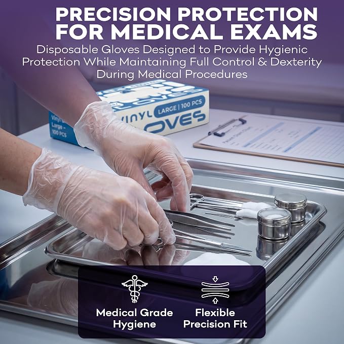 ProHeal Clear Vinyl Disposable Gloves - Food Safe Cooking and Household Cleaning Gloves -Powder and Latex Free Kitchen Glove