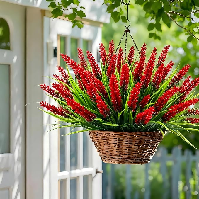 Geegoods 48 Bundles Red Artificial Plants Flowers Outdoor, UV Resistant | Faux Lavender Flowers with Monkey Grass for Garden Porch Window Patio Hanging Planter Decor