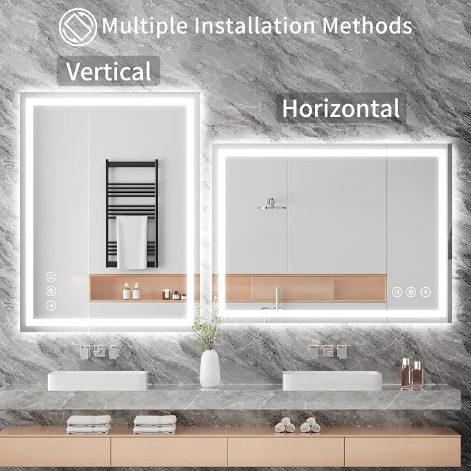 Koonmi 40x30 LED Bathroom Mirror with Light, Anti-Fog, 3 Colors | Backlit + Front Lit, Dimmable Brightness, Shatterproof HD Distortion-Free Tempered Glass, Hardware Included
