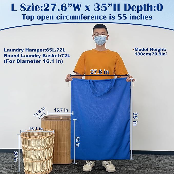 Laundry Bag with Handles & Drawstring Closure, 27.6"Wx35"H Blue, 1Pack | Thick 600D Fabric, Washable, For Camp, College Dorm, Laundromat