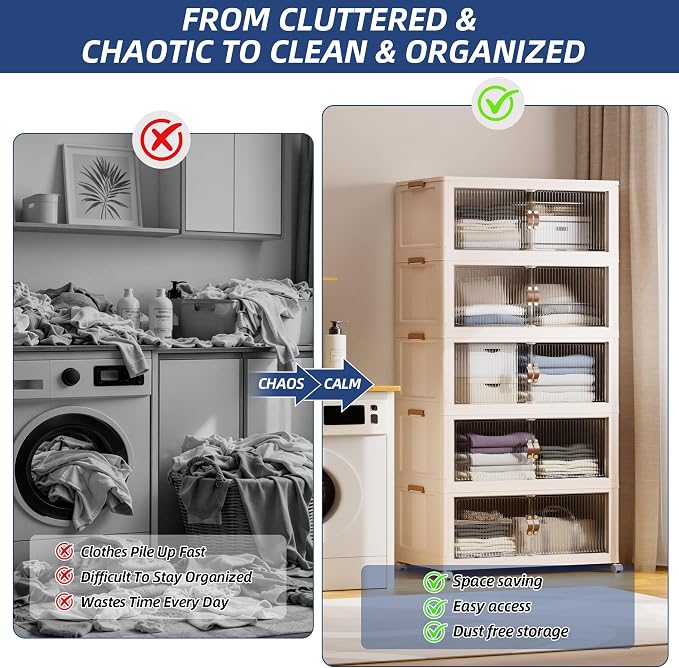 SAILUN 635Qt Stackable Storage Bins,Storage Cabinet a Lid,5Pack Blush White | Stackable Storage Drawers with Lids,28" W x 17" D x 75" H,Featuring open-front Access for Clothes and Closet Storage