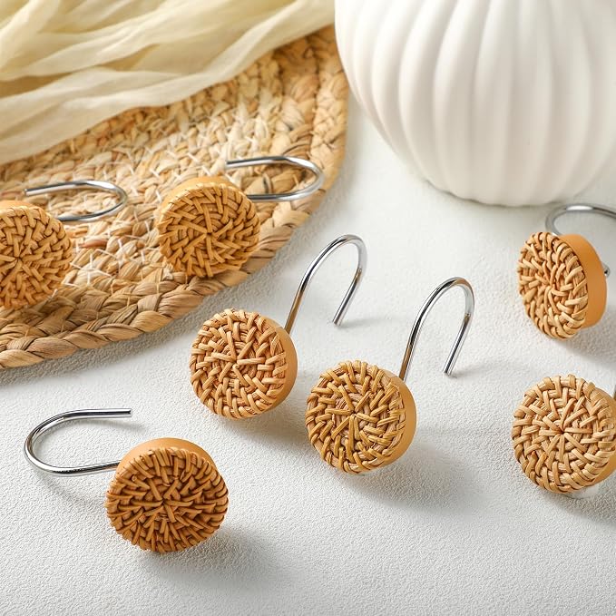 Colingmill 12 Pcs Boho Knots Shower Curtain Hooks Home Decorative Shower Rings Woven Wicker Ratten Decorative for Bathroom Farmhouse Curtain Hangers Accessories(Wood Color)