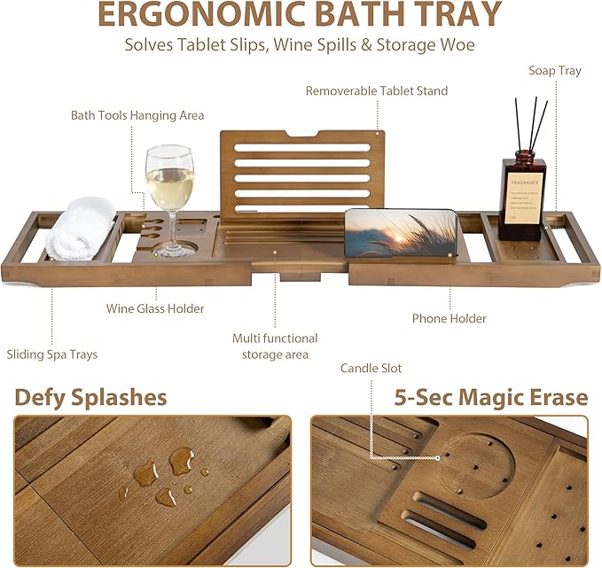 Bamboo Bathtub Tray Caddy, Adjustable 28.5-40", Walnut Finish | Splash Proof, Non Slip Grip, Wine Glass Holder, Tablet Book Stand, Spa Bath Essentials Organizer