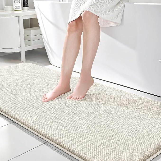 OLANLY Memory Foam Bathroom Runner Rugs 70x24, Absorbent Long Mat, Ivory | Soft Quick Dry Bath Rugs, Non-Slip Carpet, Machine Washable Mat for Bathroom Floor, Tub and Shower, Home Decor Accessories