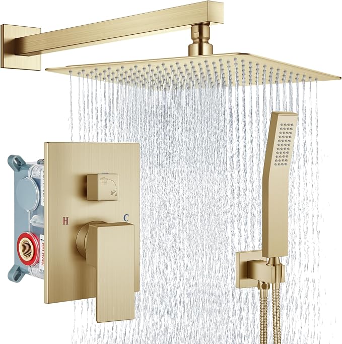 Aolemi Shower Faucet Set with Handheld Brushed Gold 16 Inch Head | Pressure Balance Shower Valve and Trim Kit,SUS304 Rain Head and Handle System,All Metal,Wall Mount,Bathroom,Handheld Spray