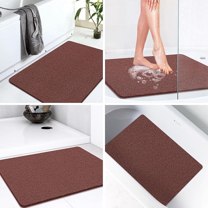 LuxStep Shower Mat Bathtub Mat Non-Slip Bath Mat with Drain, Quick Drying | 24x32 inch PVC Loofah Bathmat for Tub,Shower,Bathroom，Reddish Brown