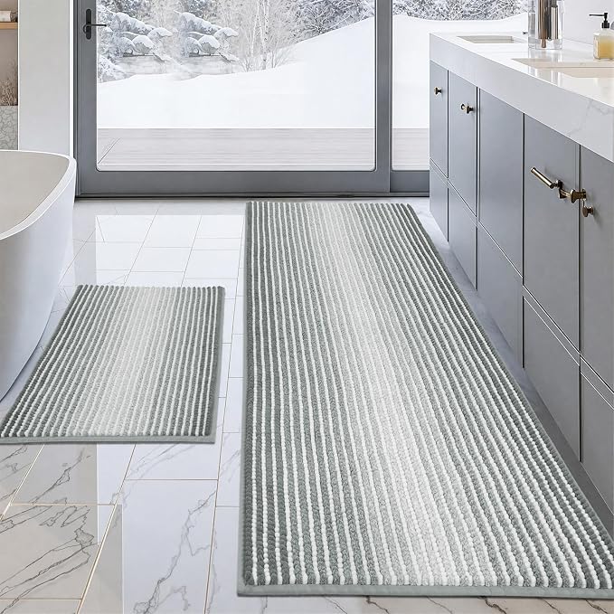 Bathroom Rugs and Mats Sets, 2 Piece Thick Absorbent Chenille Bath Mat Rug Set Non Slip, Soft Shaggy Bath Room Floor Mats for Bathroom, Machine Washable (Light Gray, 24" x 70" Plus 20" x 32")