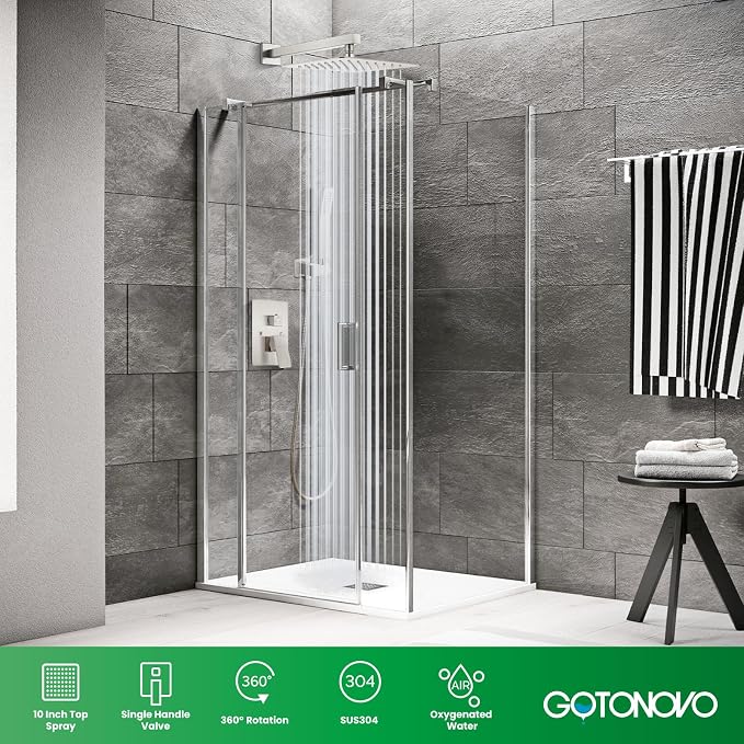 gotonovo Shower Faucet Set with Handheld Spray Brushed Nickel,10'' Head | SUS304 Rainfall Shower Head and Handle Set System Fixture,Pressure Balance Valve Trim Kit,Single Handle,Wall Mount,All Metal