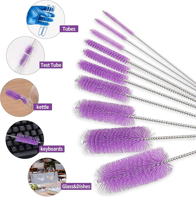 CiaraQ Bottle Cleaning Brushes, 8 Inch Nylon Tube Brush Set | Purple Cleaner for Narrow Neck Bottles Cups with Hook, Set of 10pcs.