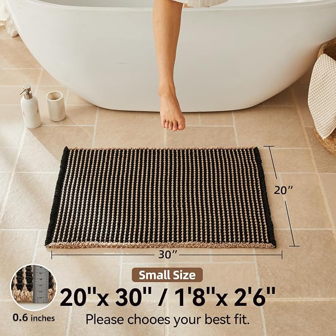 Triohero Waffle Bath Mat, Boho Bathroom Rugs Non Slip Washable, Ultra Soft Super Absorbent Quick Dry Farmhouse Bathroom Decor, 20" x 30", Black & Khaki